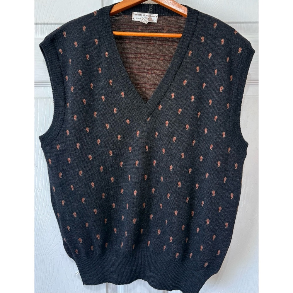 VTG Tricots St Raphael Men’s Virgin Wool Charcoal Gray Sweater Vest Paisley LG